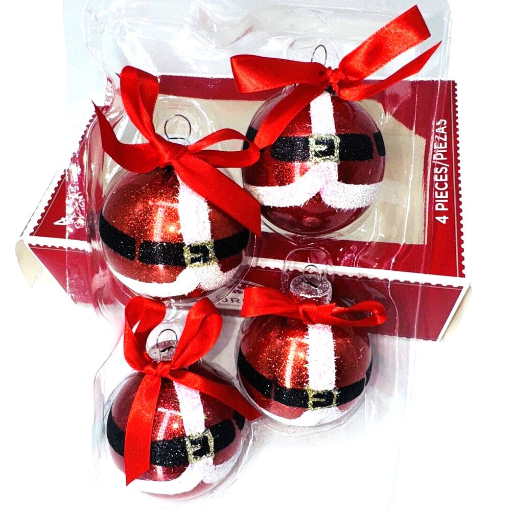 4 Glass Ball Santa Christmas Tree Ornaments 2.5" Holiday Time Wondershop Red Box